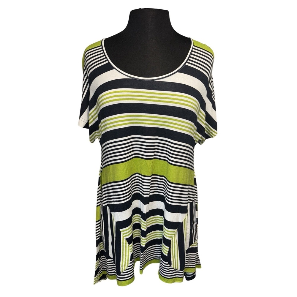 New Komil Rock Strip Mitered Top Dress Size Med Short Sleeve Green Black